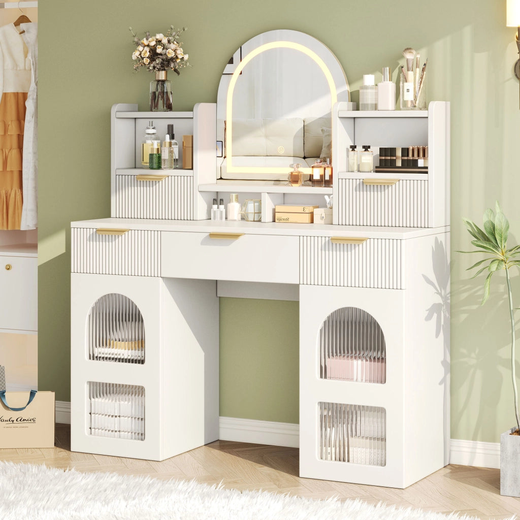 Tavolo da toeletta con specchio LED; 3 cassetti; 2 ante vetro e mensole; Bianco; 120×40×139;5cm