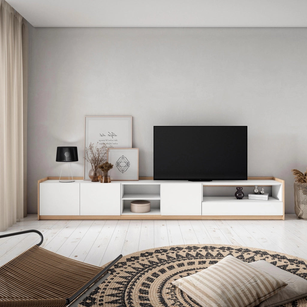 Mobile TV Soggiorno, 310x50x37 cm, Per TV fino a 80", Mobile Soggiorno, Bianco e Rovere soft
