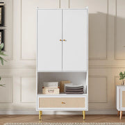 Armadio da camera a 2 ante - Xylo - 80x48x175 cm - Bianco - Cassetto in rattan e appendiabiti
