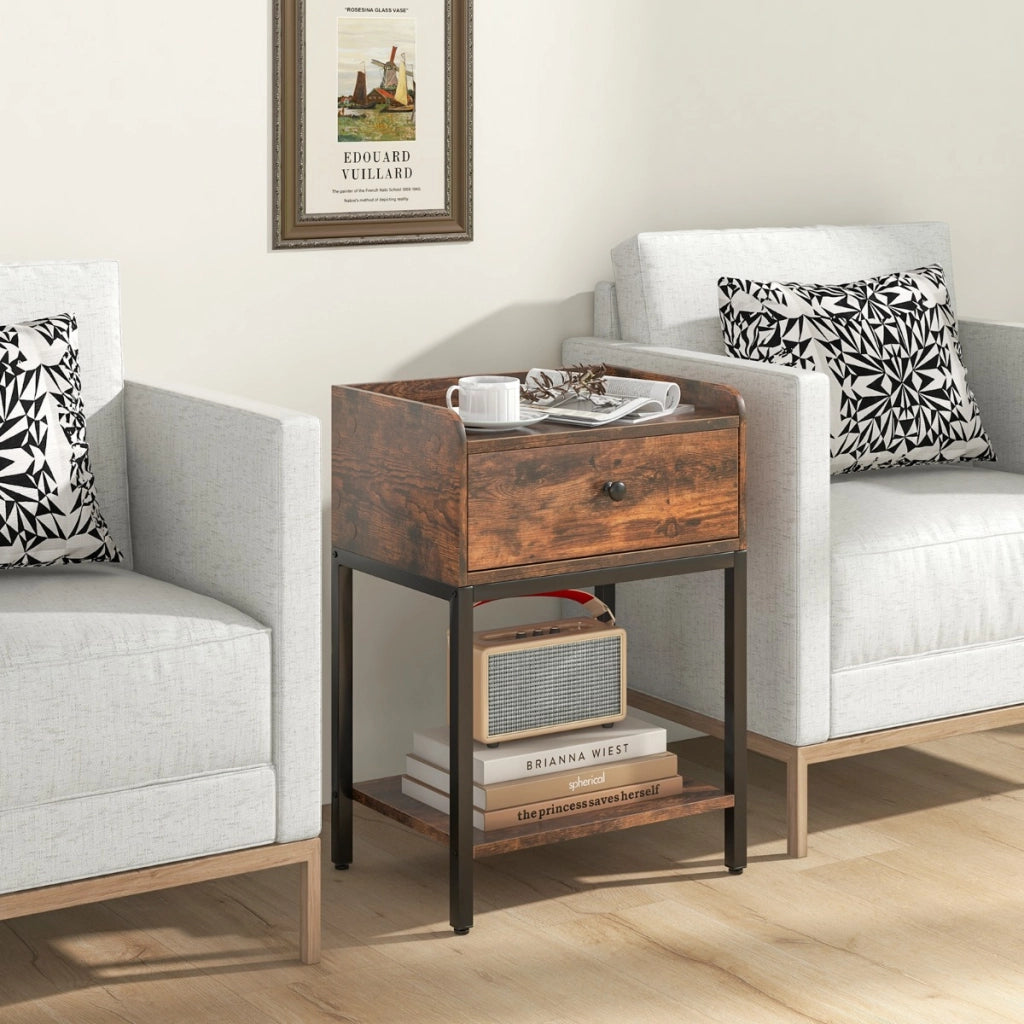Comodino con cassetto e ripiano aperto, Tavolino stile industriale con telaio in metallo Marrone rustico-Comodini