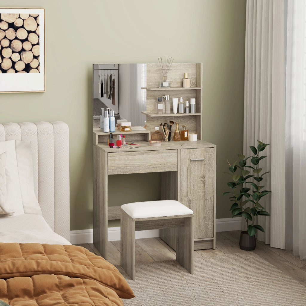Cassettiera per trucco con specchio e sgabello ¨C zephmum ¨C naturale e beige
