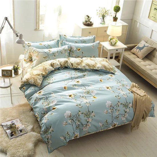 Set di copriletto e cuscino per ragazze, 135 x 200 cm, fiori, verde, oro, moderno, set di copriletto e cuscino, copriletto reversibile con microfibra morbida, 1 copriletto con decorazione a secchiello, 1 cuscino 80 x 80 cm