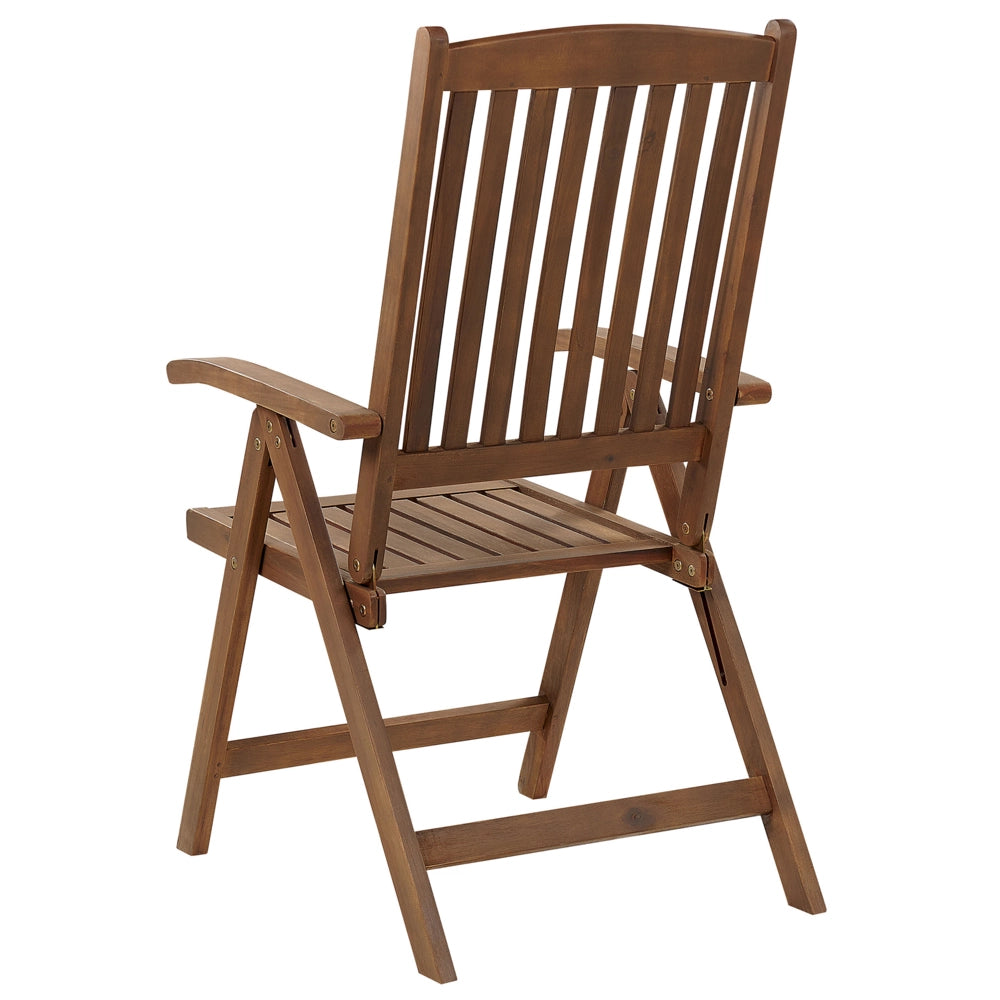 Set di 2 sedie da giardino in legno di acacia scuro naturale regolabili e pieghevoli per esterni con braccioli in stile rustico con cuscini blu