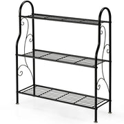 Porta piante in metallo a 3 livelli-Scaffale portavasi interno ed esterno con elegante motivo a volute 72x25x85cm