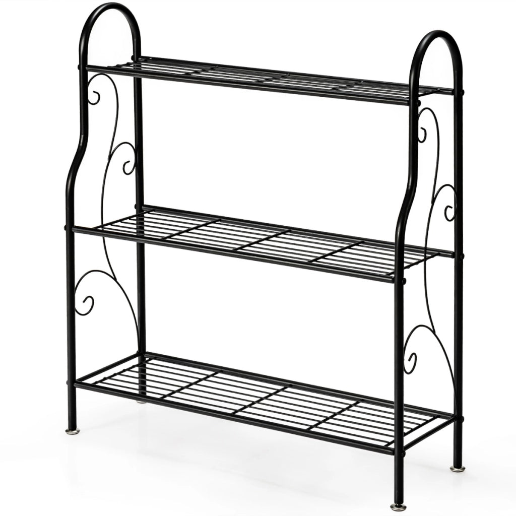 Porta piante in metallo a 3 livelli-Scaffale portavasi interno ed esterno con elegante motivo a volute 72x25x85cm