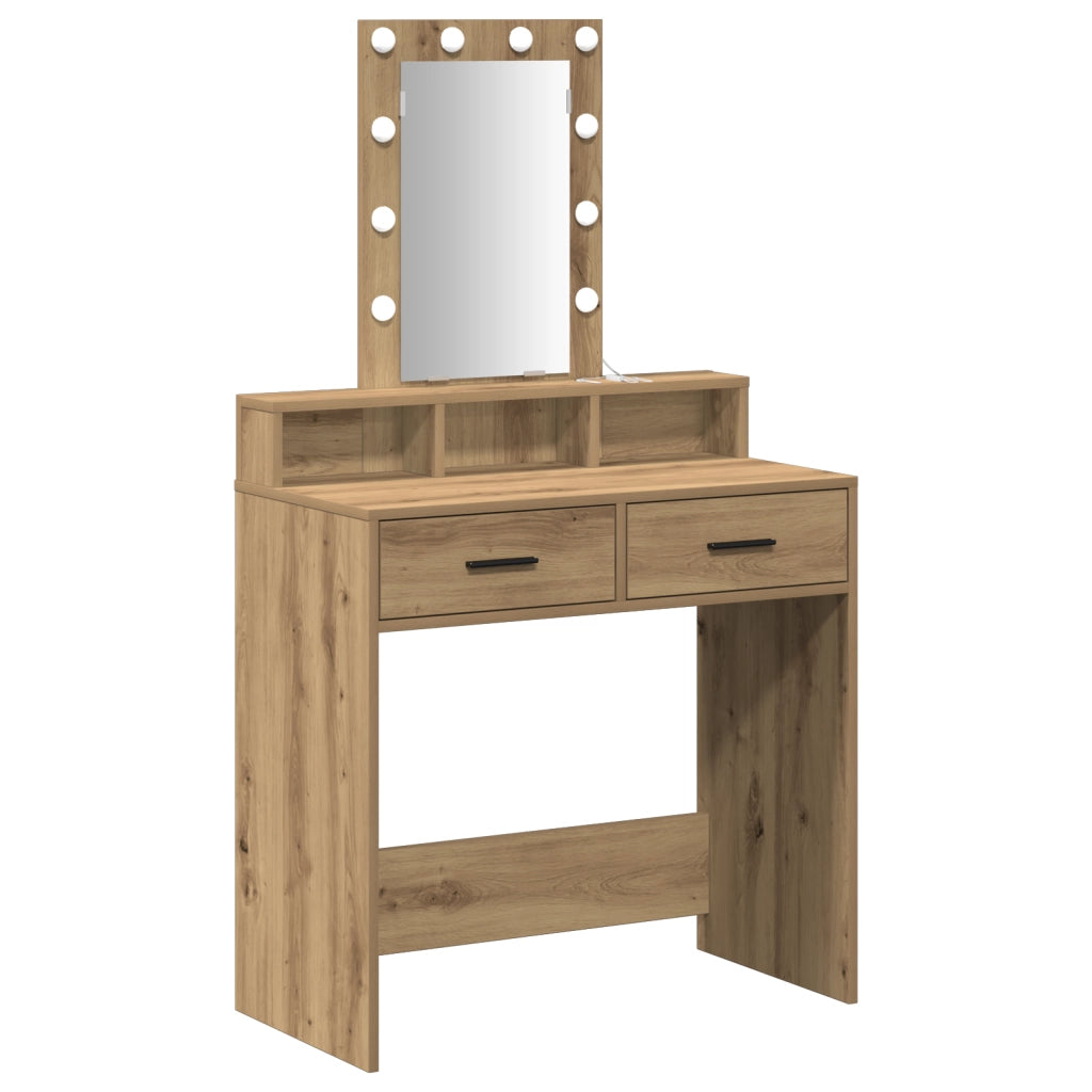 Tavolo da trucco  con luci LED in Rovere, artigianale, 79x41x140 cm
