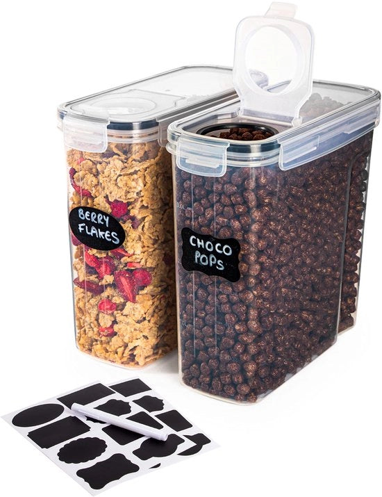 Set di contenitori per cereali 4L - 2 contenitori a chiusura ermetica - Sicuri per l'alimentazione, BPA-free, coperchio scorrevole - Organizzatore per la cucina - Ideale per muesli e cornflakes