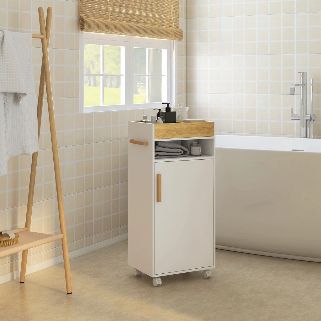 Armadietto da Bagno con Ripiani Regolabili e Ruote ¨C Zephmum ¨C Bianco e Rovere 40x30x88 cm