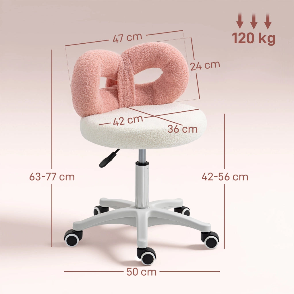 Sgabello Girevole con Schienale a Forma di Fiocco 50x50x63-77 cm in Tessuto Teddy Rosa e Bianco