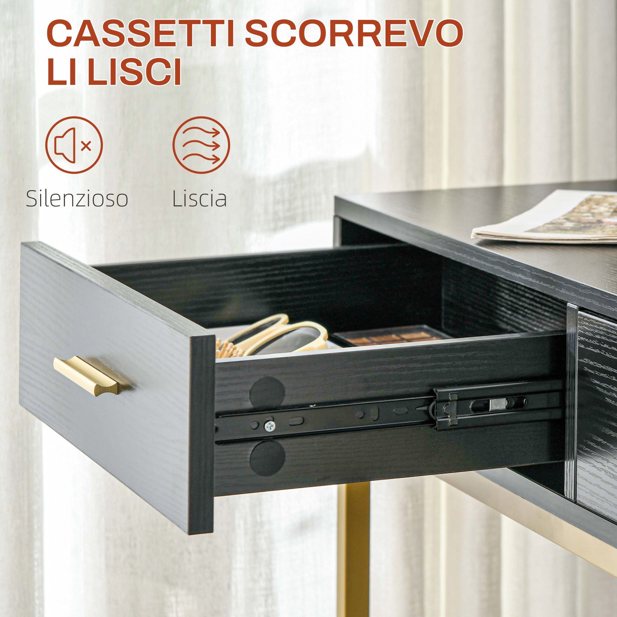 Consolle Trucco 2 Cassetti 6 Ripiani e Specchio 90x45x132,5 cm in Legno e Acciaio Nero