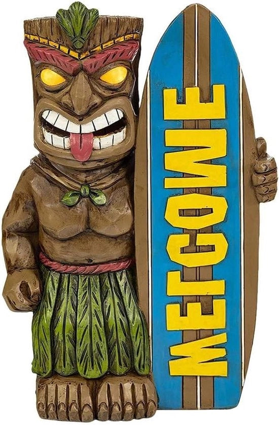 Decorazione Surf per Esterno - Grande Tavola Surf Ornamentale con Figura in Resina Hawaii Style Decorazione Tiki