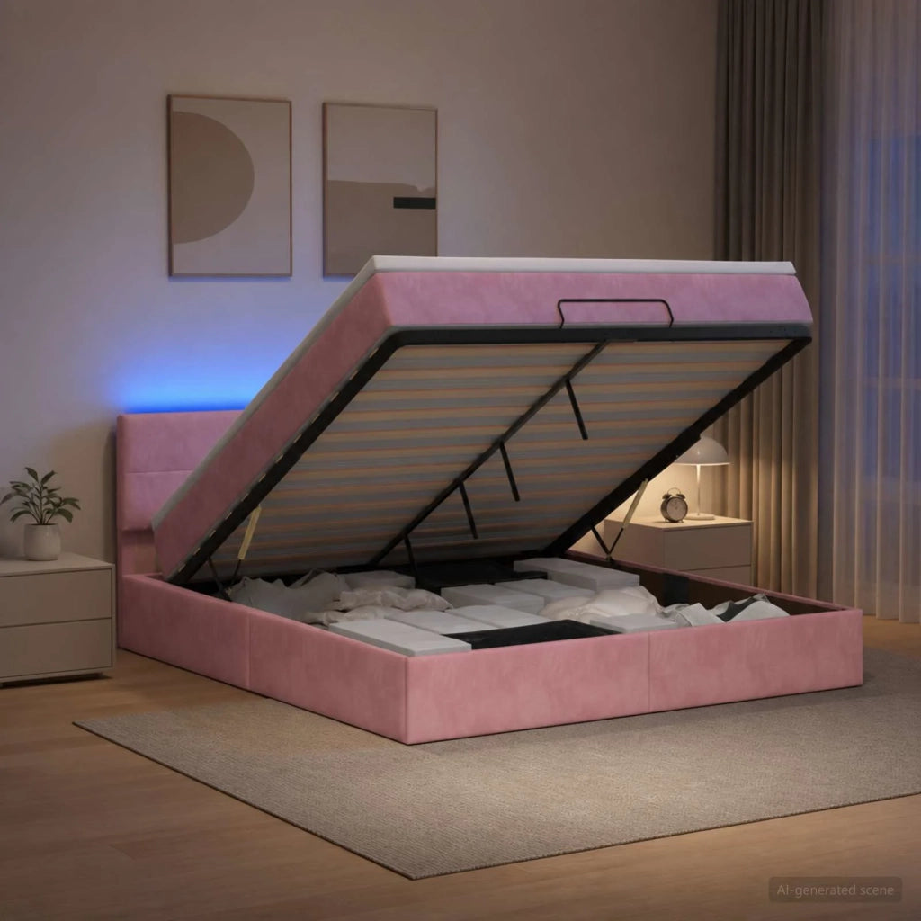 Letto Ottomano con Materasso e LED Rosa 140 x 200 cm Velluto 3457148