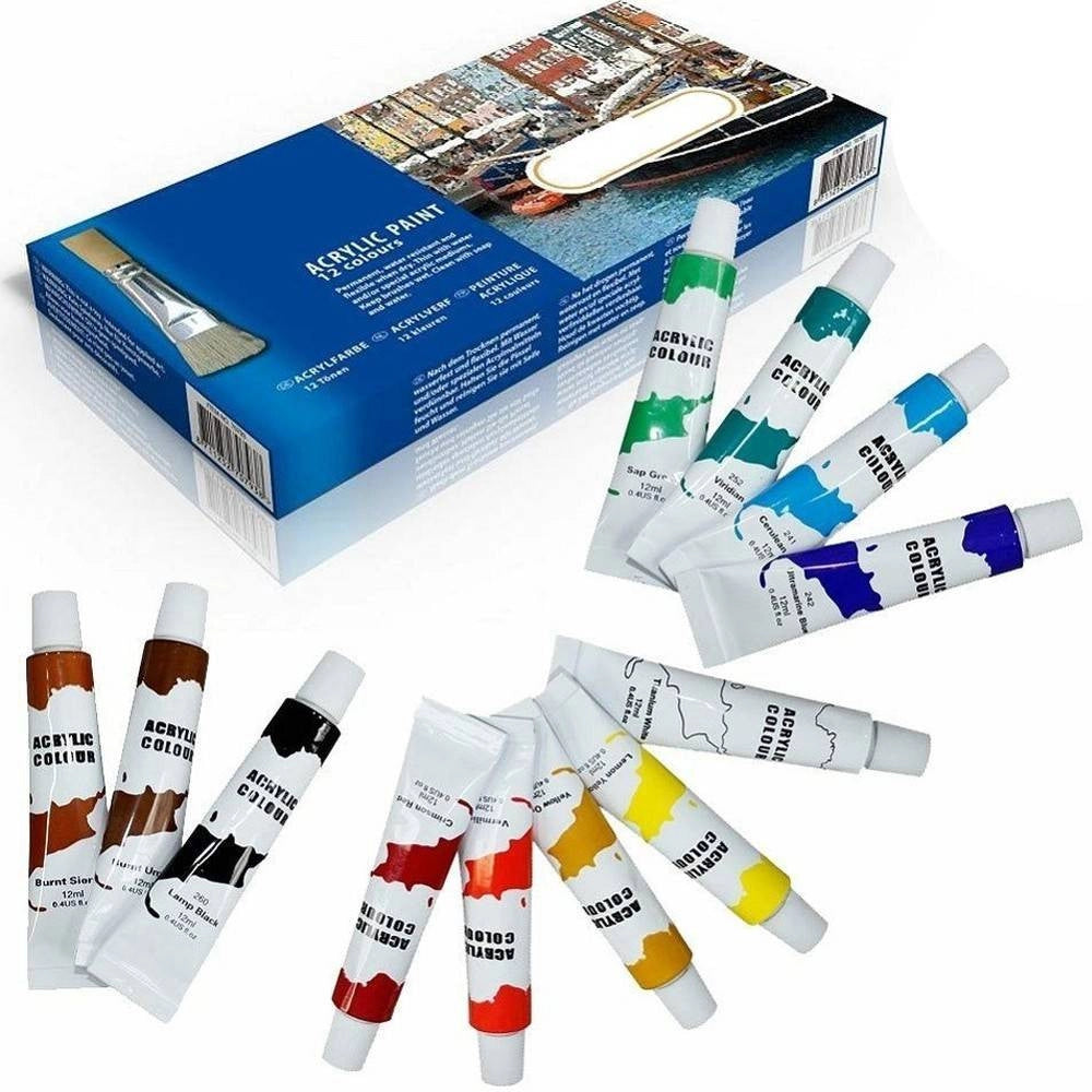 Trade Shop - Pittura Acrilica Confezione 12 Pezzi Acquerelli Vari Colori Tubo 12 Ml -