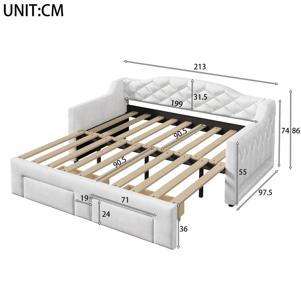 Letto da giorno estraibile 90x200/180x200 cm con 2 cassetti e LED bianco