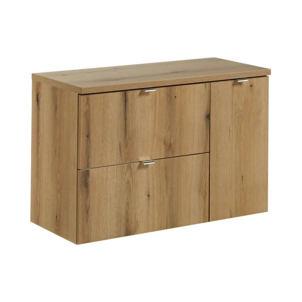 Set da bagno sospeso VANO finitura rovere 90cm: mobile sotto lavabo con cassetti e armadietti + piano per lavabo