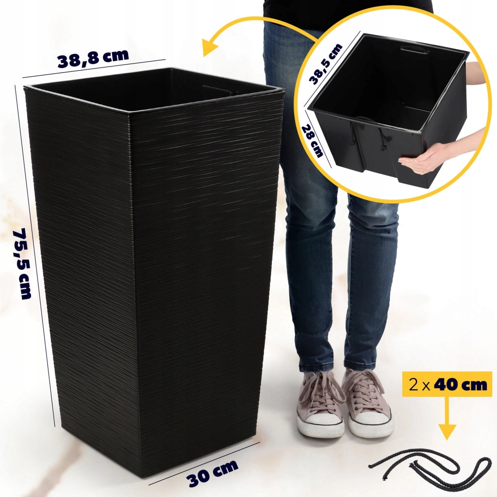 Vaso da fiori KADAX con inserto e coperchio, fioriera alta da giardino, nera, 39x75 cm