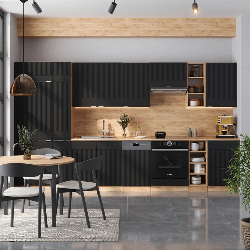 Cucina componibile Fame-Line Nero rigato/Rovere dorato 355 cm, PL Marmo Vicco