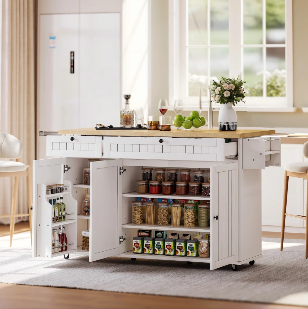 Isola cucina 137x89.5x45 cm con piano ribaltabile; ruote bloccabili; MDF; naturale e bianco