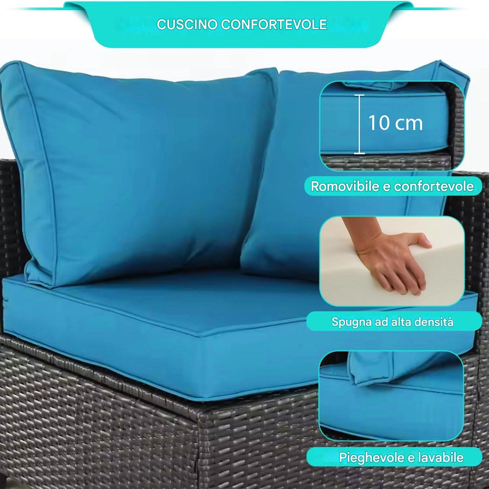 Set Patio Divano Modulabile da Esterno in Polyrattan con Cuscini Blu da Giardino