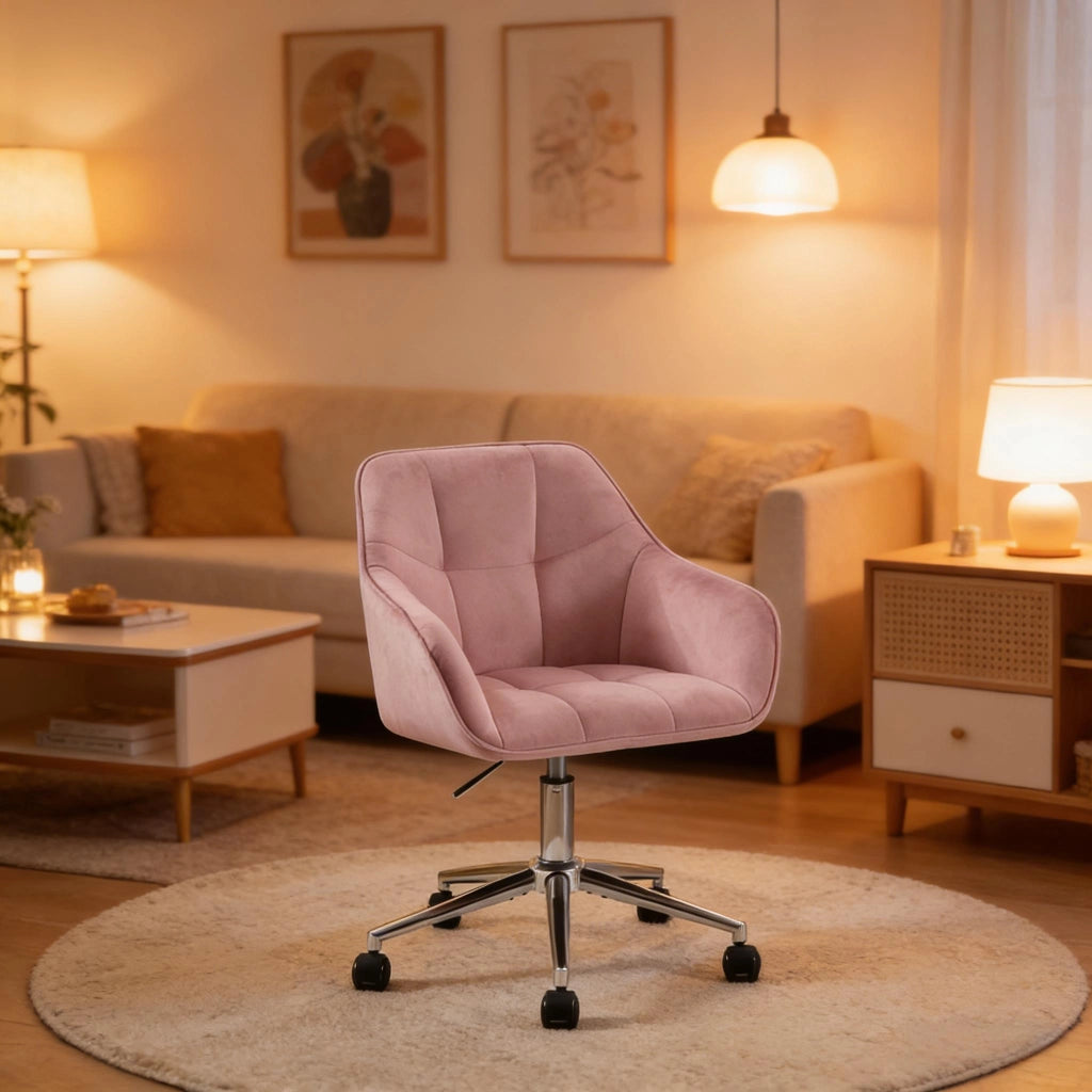 Sedia da Ufficio Girevole con Altezza Regolabile, Design Ergonomico e Braccioli, in Velluto, Rosa