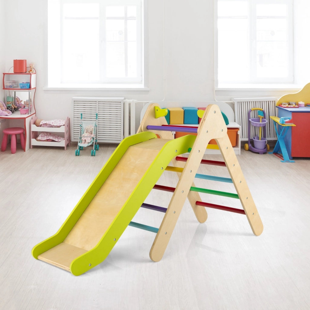 Set di arrampicata per bambini con scivolo 2 in 1, Arrampicatore in legno regolabile a gradi Colorato-Giocattoli educativi