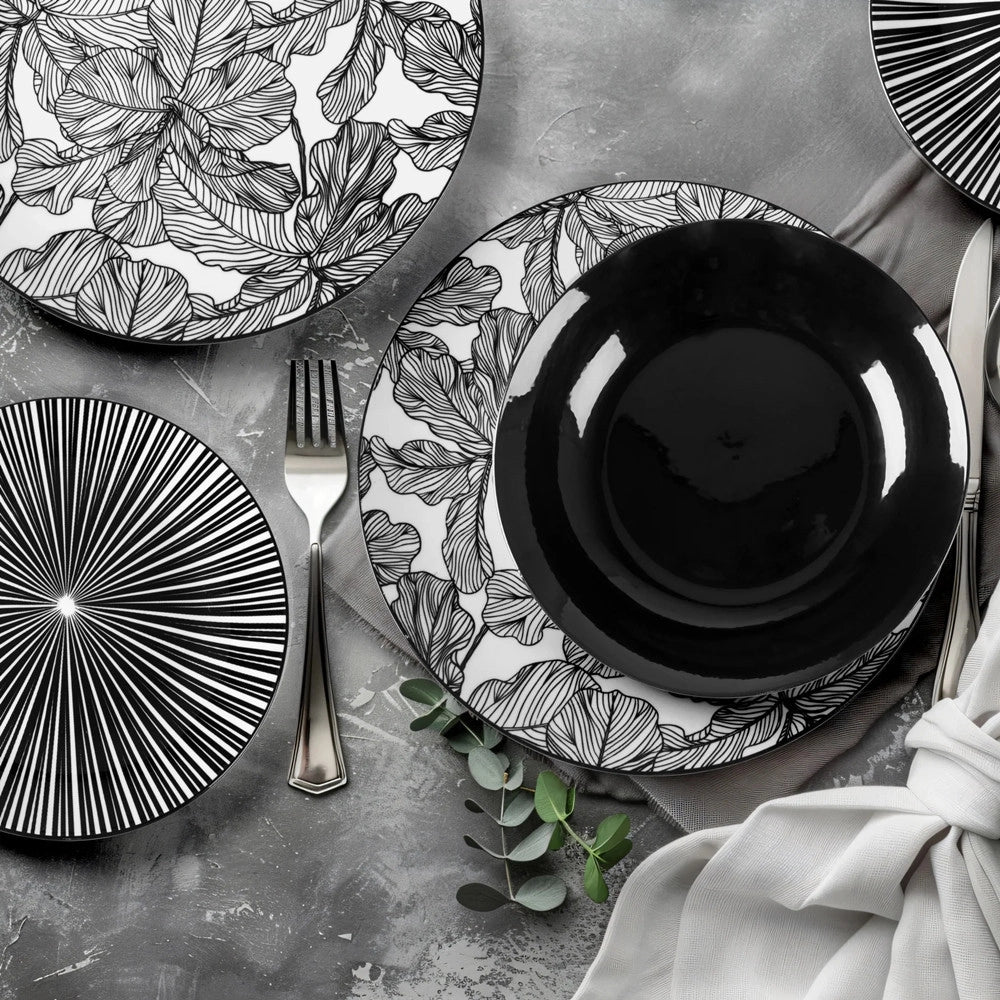 Trade Shop - Set Servizio Di Piatti Da Tavola In Porcellana Da 18pz Decori Bianco Nero Moderno Elegante -