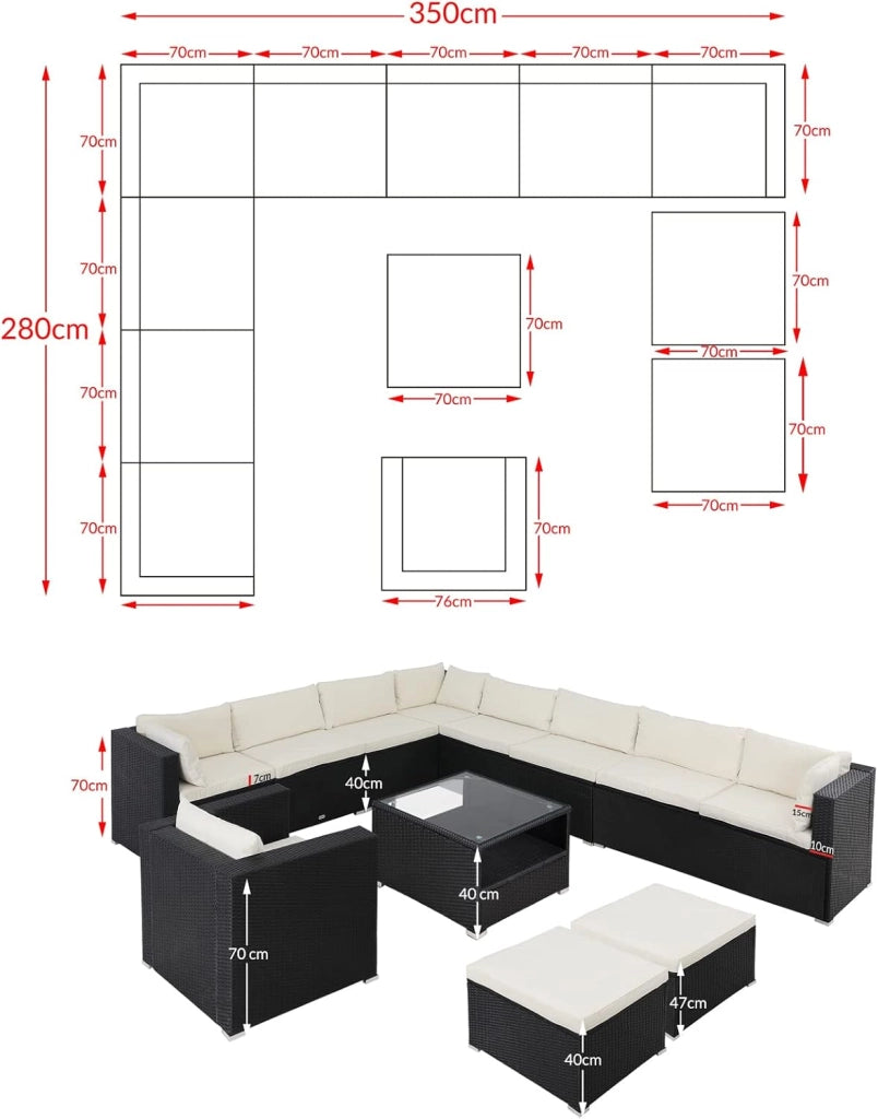 Set Lounge XXL da Giardino Divani 35 Pz. Polyrattan 350x280x70cm Cuscini 7-15cm Tavolino Salottino Outdoor