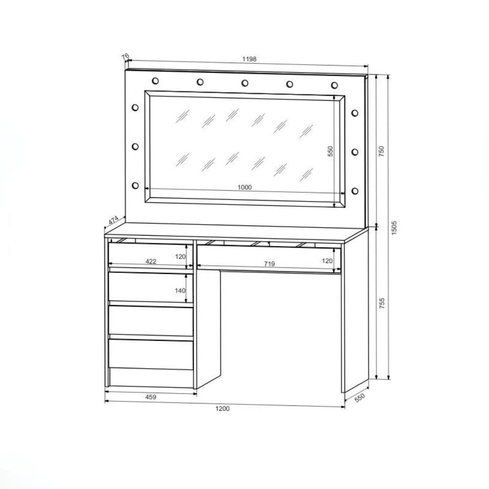 Toeletta trucco Elite bianca con specchio 5 cassetti e lampadine LED 120x55x150H