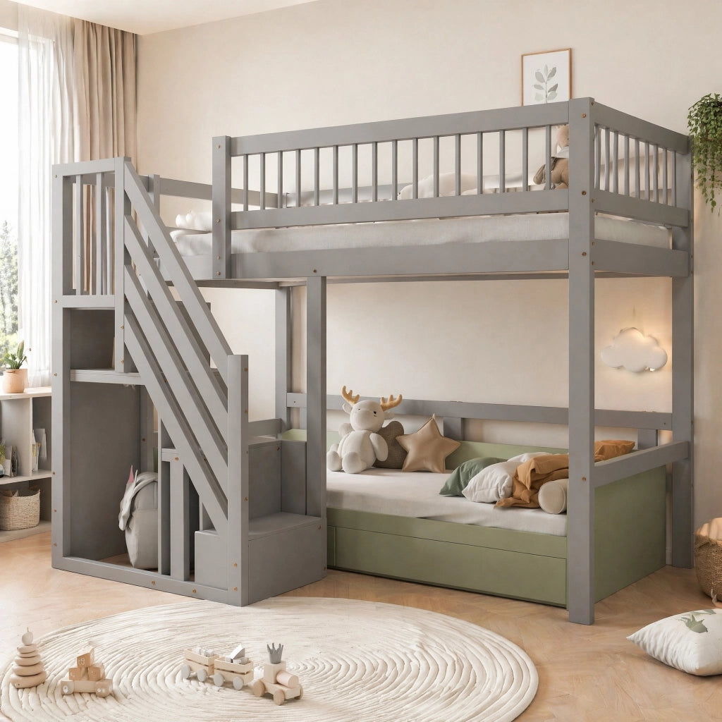 Letto singolo per bambini 90x200 cm in legno con scala contenitore; grigio