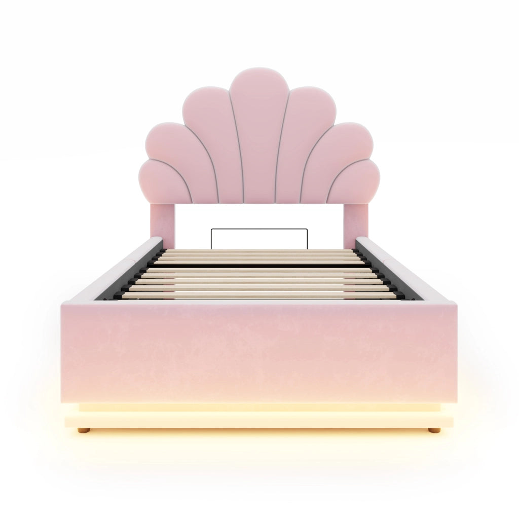 DESMIU Letto singolo 90 × 200 cm con contenitore idraulico, LED e testiera floreale, senza materasso, rosa