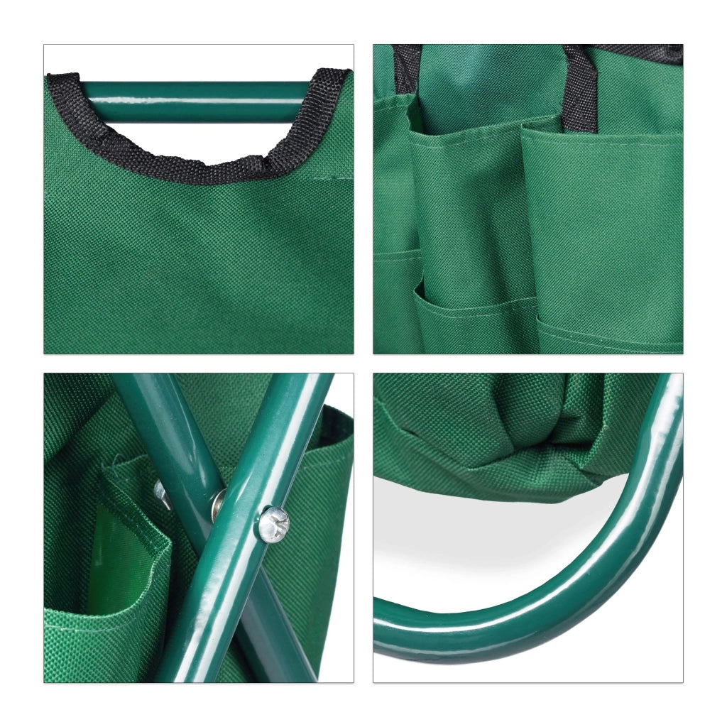 Sgabello pieghevole verde porta attrezzi da giardinaggio con 16 tasche e scomparto interno 13_0002810