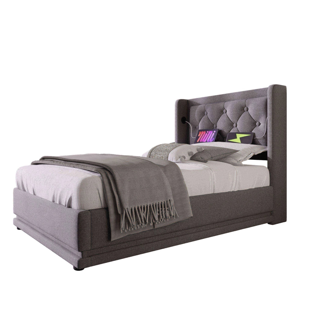 Letto singolo 90x200 cm in cotone grigio con contenitore idraulico, testiera imbottita, USB Type-C e LED a 3 lati