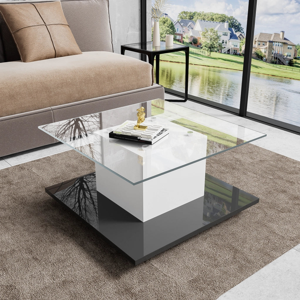 Tavolino da salotto moderno 80x80x40 cm con LED; vetro temperato; bianco e nero