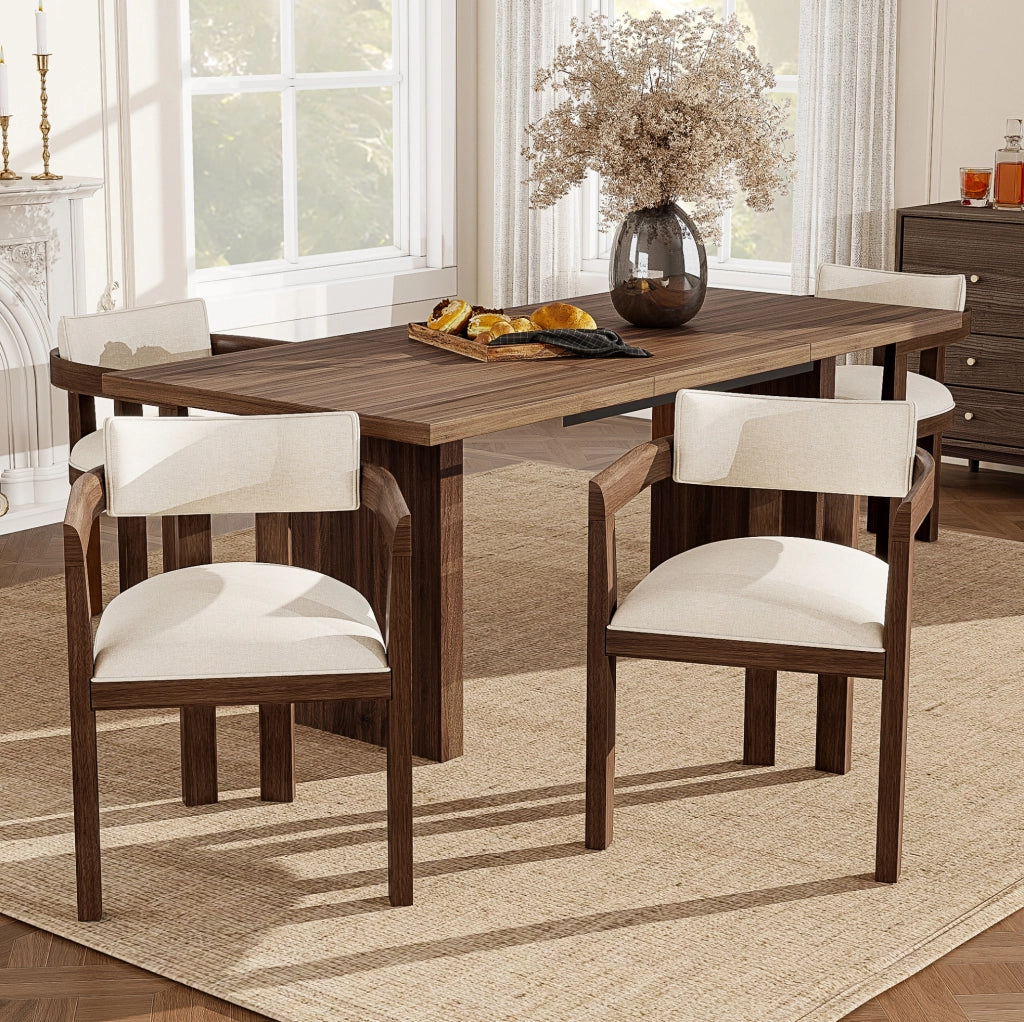 Set 2 sedie da pranzo con braccioli; struttura in legno massello e lino; noce