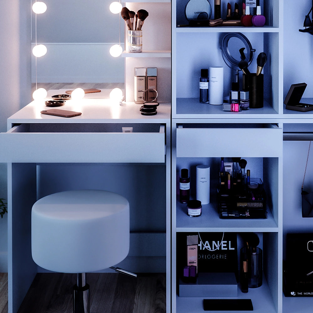 Vicco Tavolo da toeletta Bianco 140 cm con LED, sgabello e armadio