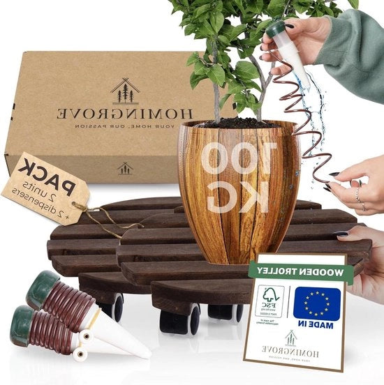 Rotolatore di Pianta a Cerchio 30 cm Set di 2 con Dispensatore d'Acqua - Certificato FSC - Pioppo - Resistente alle Intemperie fino a 100 kg - Prodotto in UE