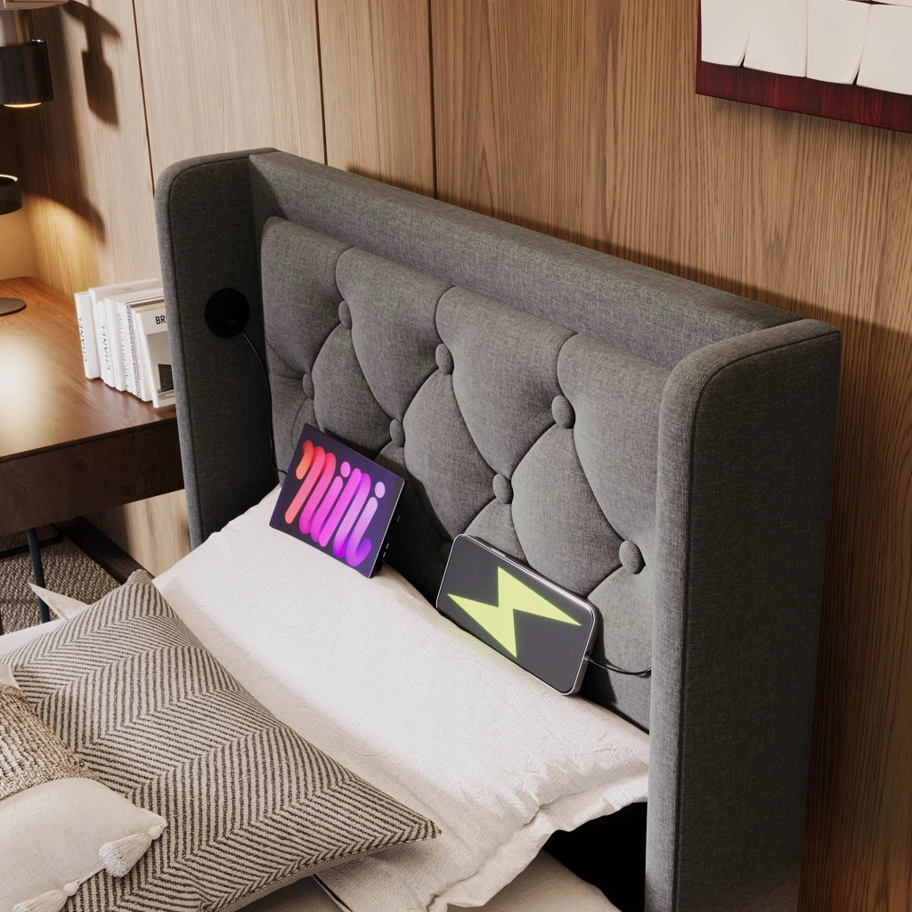 Letto imbottito 90x200 grigio - Xylo - Stelaio idraulico LED USB-C