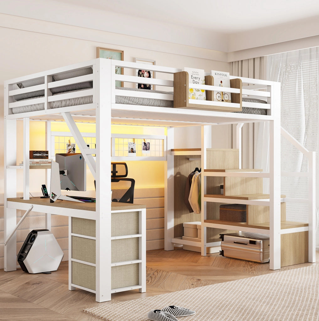 Letto a soppalco 140x200 con scrivania, armadio e LED