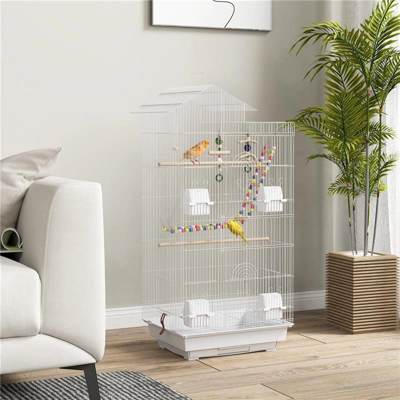 GABBIA PER UCCELLI, VOLIERA CON MANIGLIA E PORTE, GABBIETTA CON ALTALENA, CIOTOLE E GIOCHI, 46X36X100 CM, BIANCO