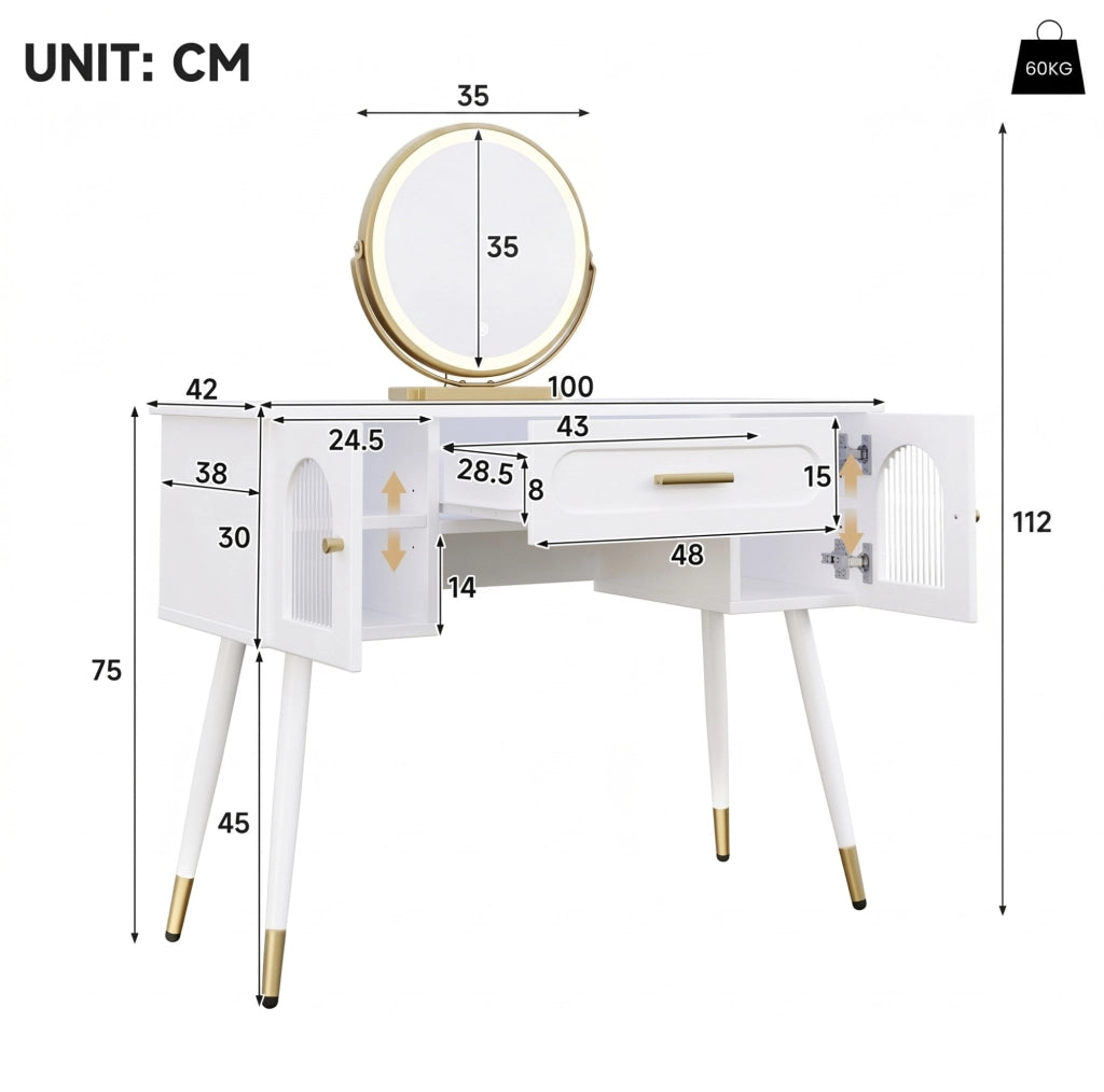 Toeletta 100x42x112 cm bianca e oro in truciolato, specchio LED e 2 ante