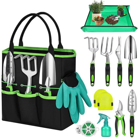 Set di attrezzi per giardinaggio, 12 pezzi, set robusto di attrezzi per giardinaggio con zappa per giardinaggio duraturo, pialla per potare, cassetta di stoccaggio, accessori per giardinaggio per donne, uomini e appassionati di giardinaggio