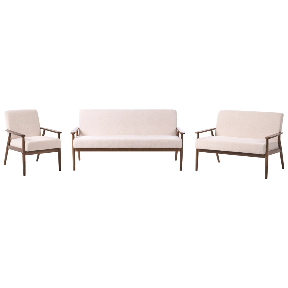 Set salotto 3 posti 2 posti e Poltrona Rivestimento in bouclè Struttura in legno beige e marrone scuro in stile retrò