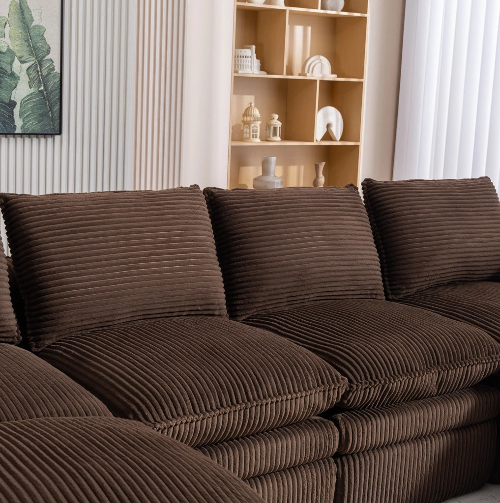 Divano modulare 4 posti in corduroy marrone; 335x167x85 cm; con 2 pouf e tasche laterali