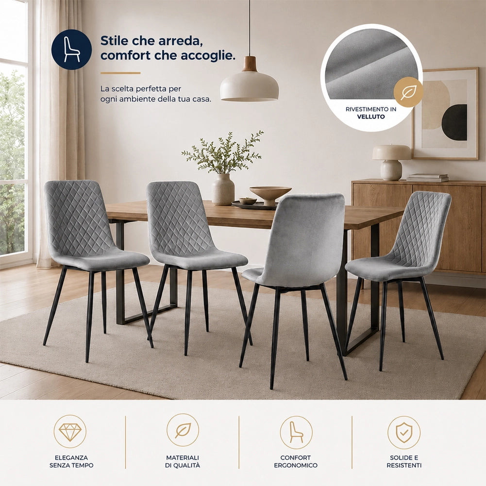 Set 4 Sedie Grigio Chiaro Rivestimento in Velluto e Piedi Neri Seduta Ergonomica