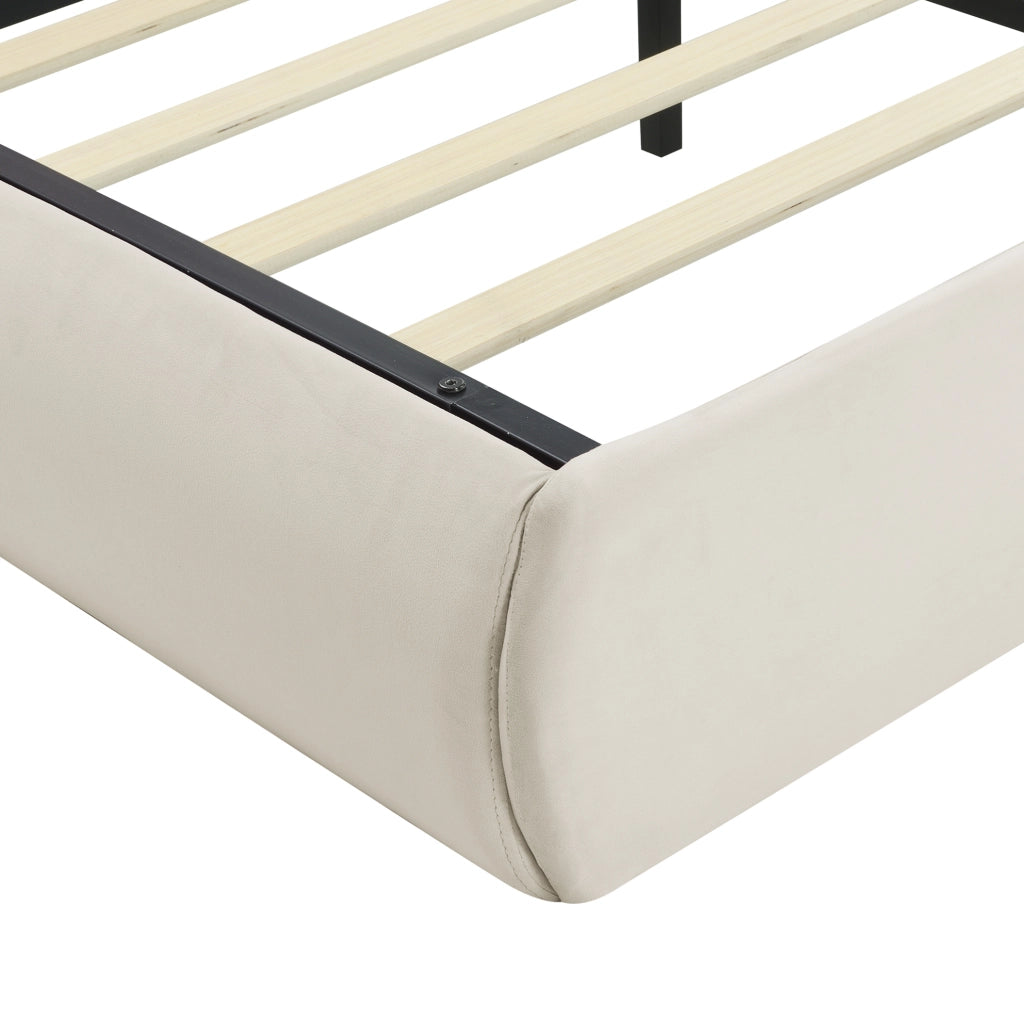 Letto imbottito beige con orecchie decorative, contenitore idraulico e 2 pouf