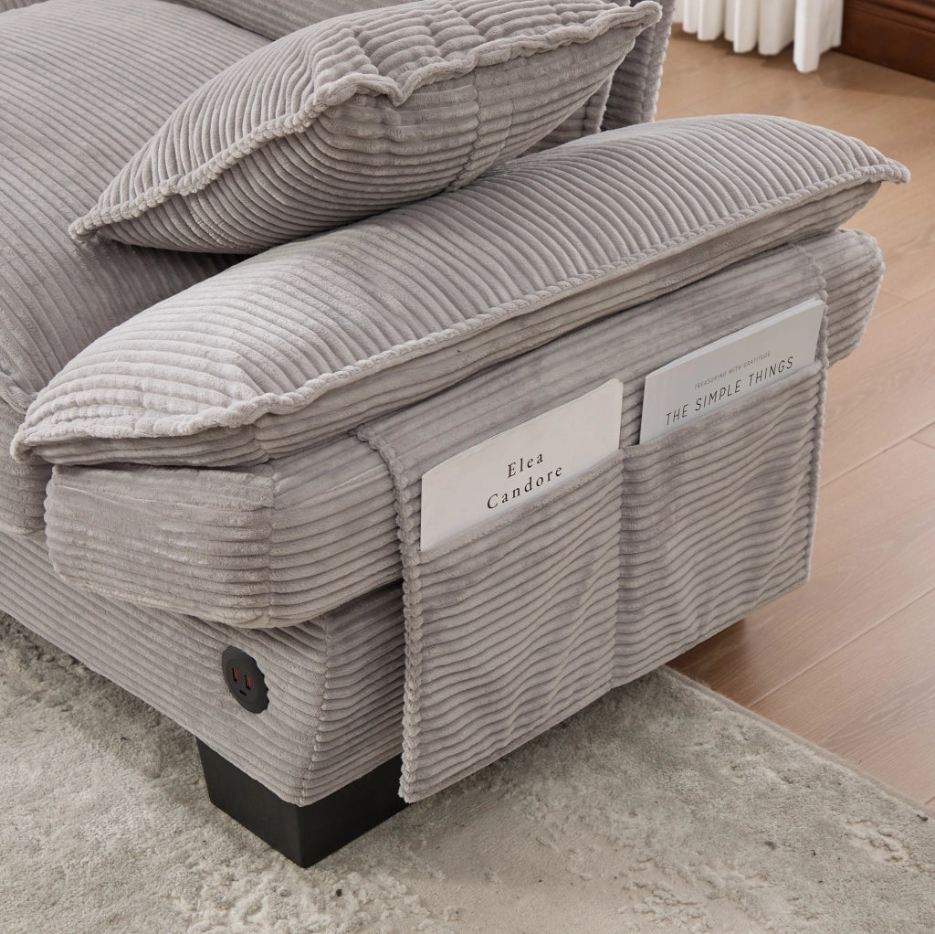 Divano modulare 4 posti in velluto a coste con 2 pouf; USB-C; grigio chiaro