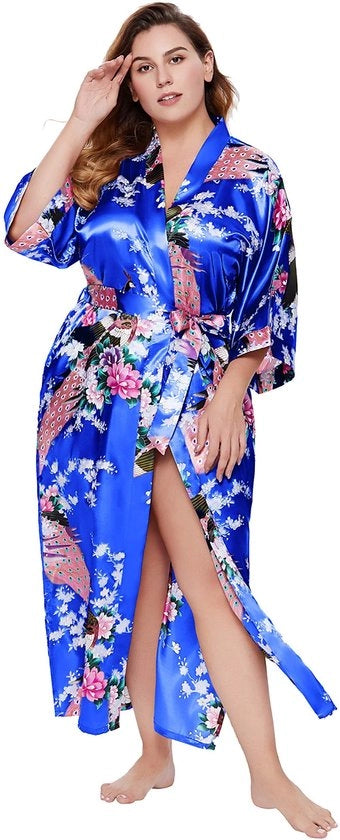 Kimono Maxi in Seta con Piume di Pappagallo per Donna, Lunghezza 135 cm, colore Blu Reale