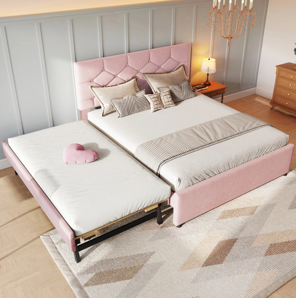 Letto imbottito 140x200 cm con letto estraibile e testiera con bottoni in velluto rosa