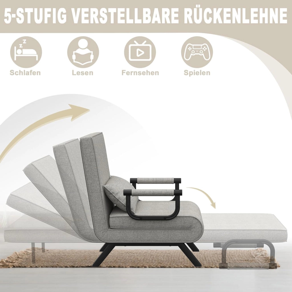 Divano letto 3 in 1 con funzione letto, divano letto con schienale regolabile e cuscino fino a 200 kg, portata 65 x 61 x 78 cm, 1 posto, grigio