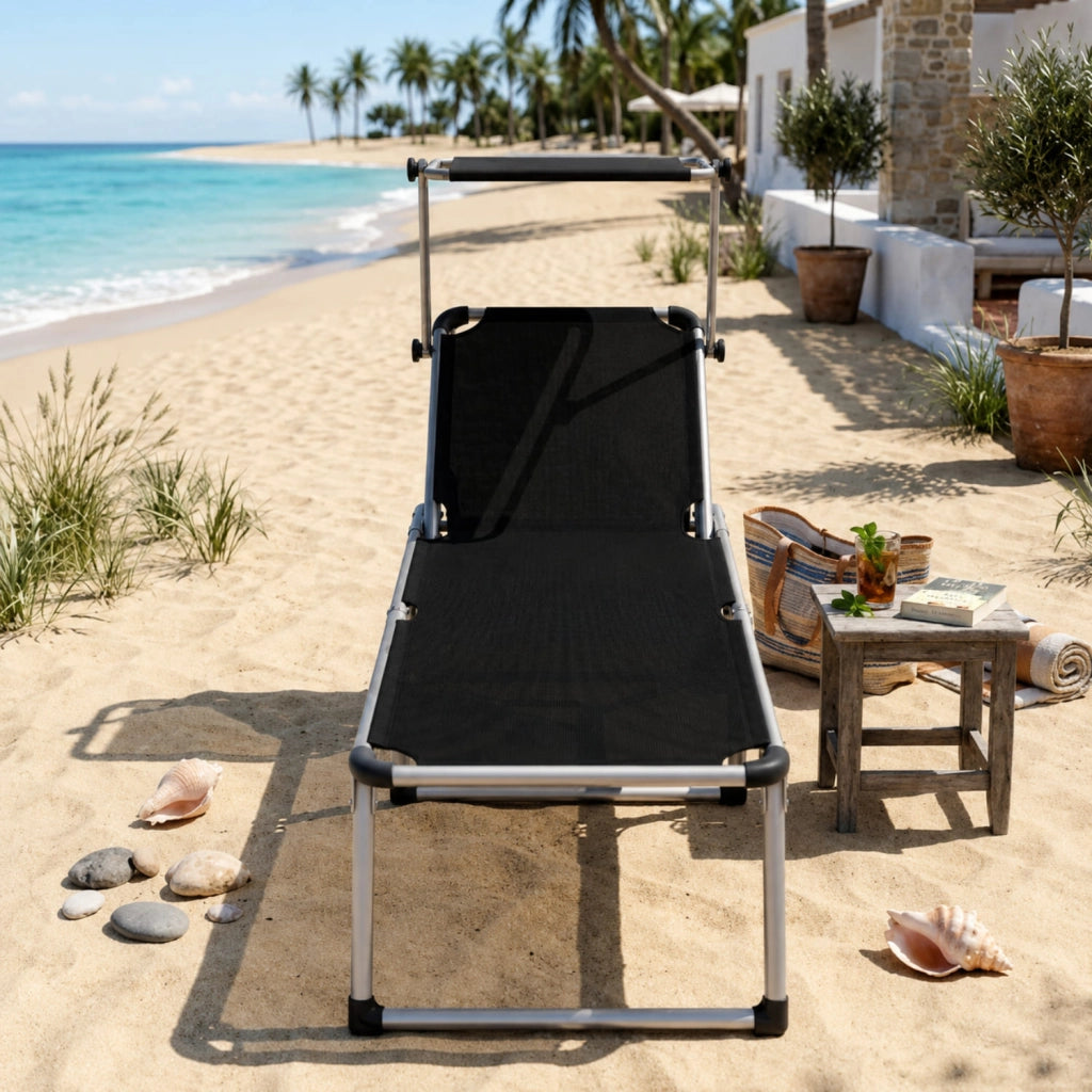 Lettino Sdraio Pieghevole Prendisole Con Parasole Schienale Regolabile In 6 Posizioni Telaio In Alluminio Per Piscina Spiaggia Mare Campeggio Giardino 187 x 59 x 29 Cm (Nero)